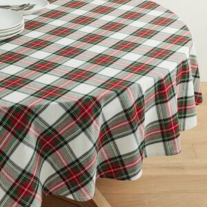 Pottery Barn Stewart White Plaid Cotton 90" Round Tablecloth